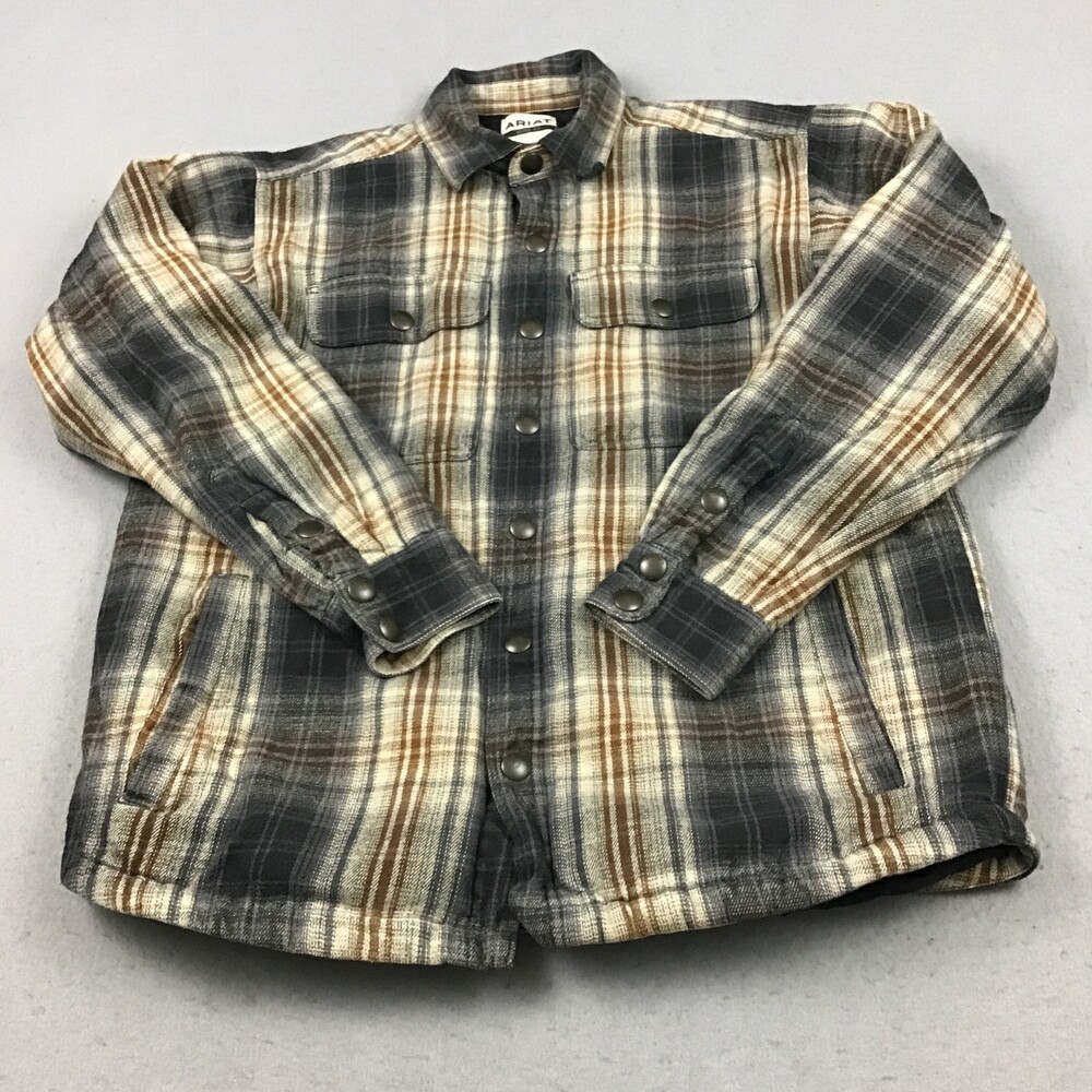 ARIAT  Shirt Jacket Men Large Gray Brown Plaid Flannel Snap Button Quilted L